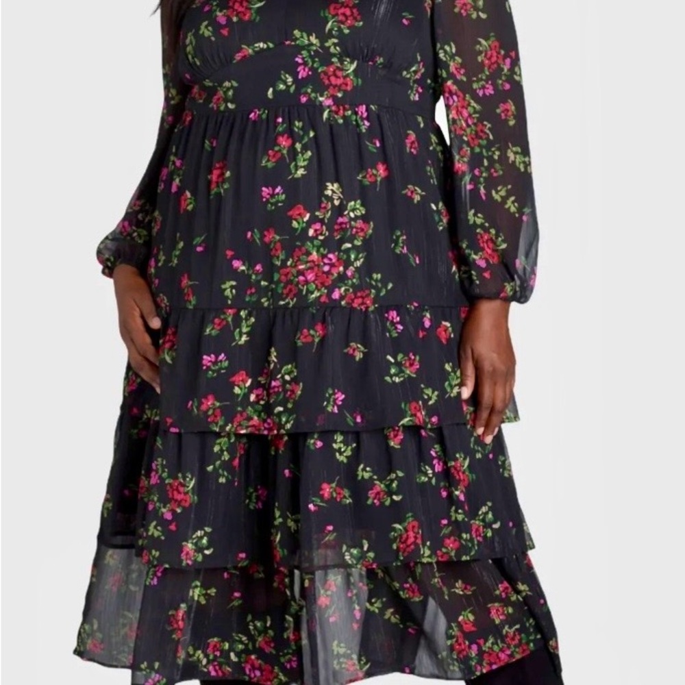 Time and Tru Floral Metallic Tiered Midi Dress 1X